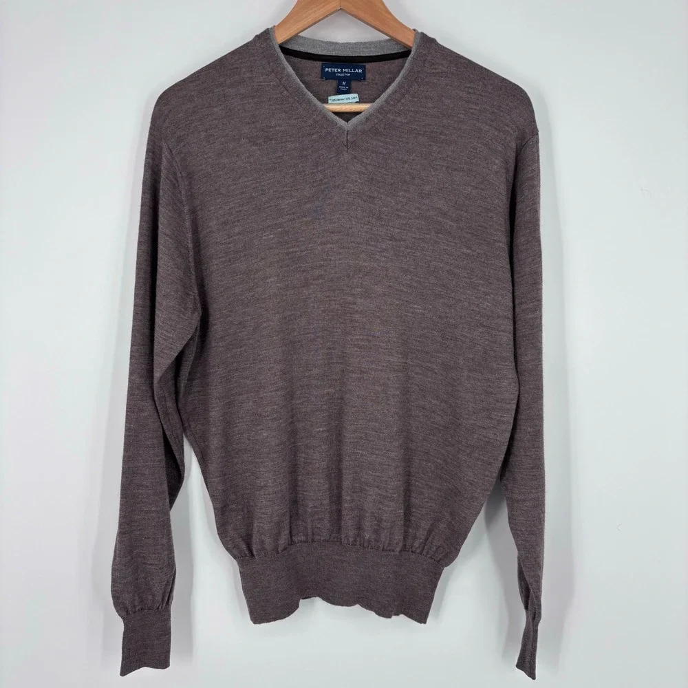 Peter Millar Merino Silk V-Neck Sweater Mens M Brown Heathered Golf Preppy